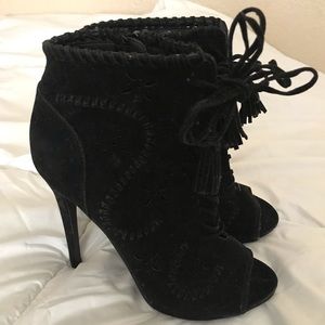 Peep toe black bootie heels